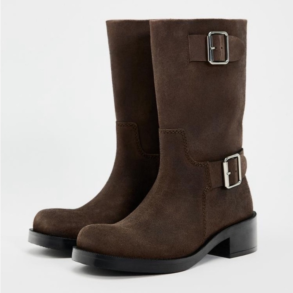 Zara brown suede bucke boots Size 8